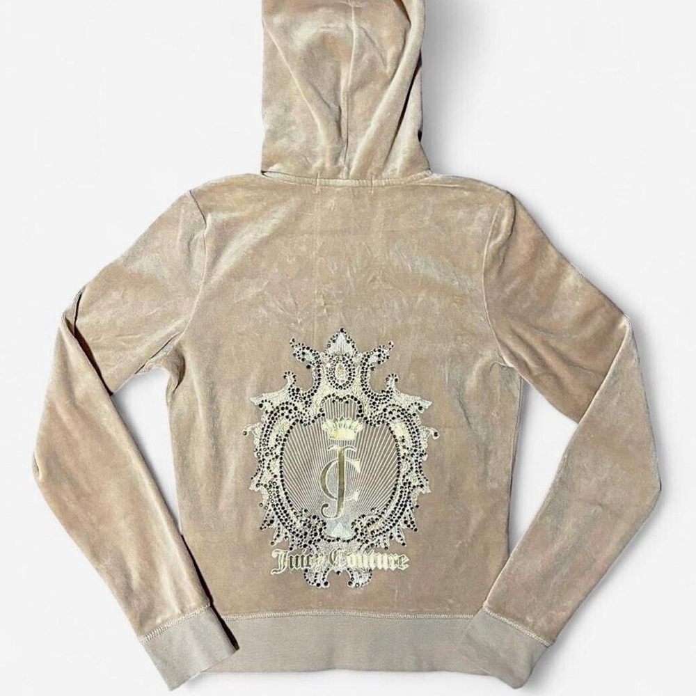 Juicy Couture Tan Gold Velour Hoodie with Embellished Back Logo Crest